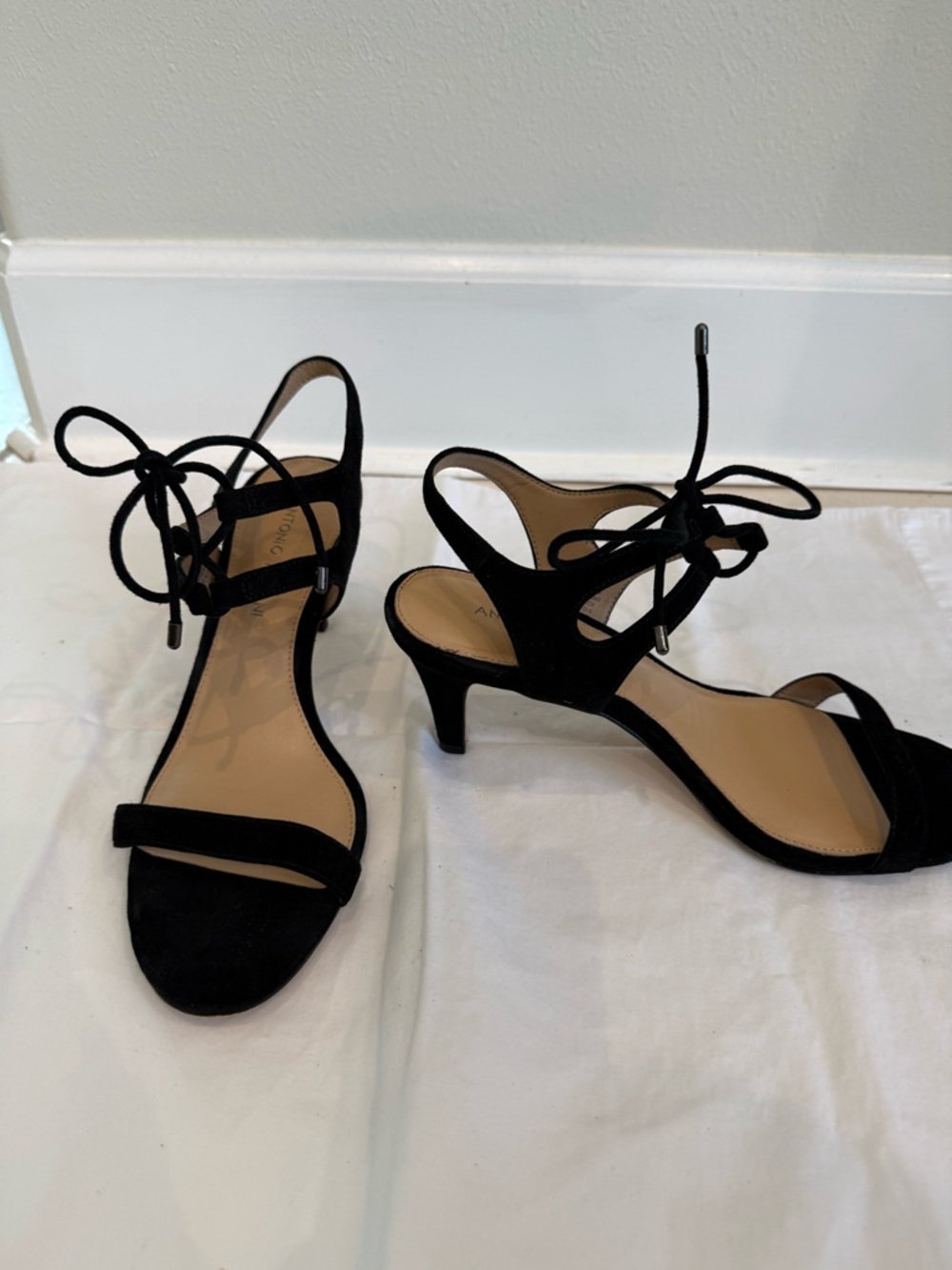 ANTONIO MELANI Black Suede Lace-Up Kitten Heels